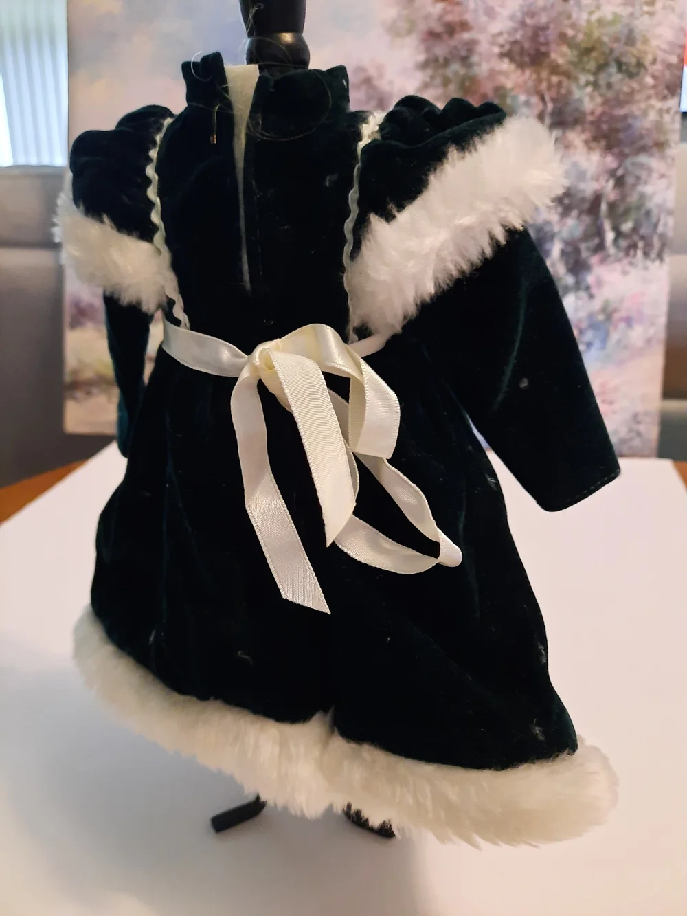 House Of  Lloyd Velvet Holiday Doll Dress in Dark Green with White Trim